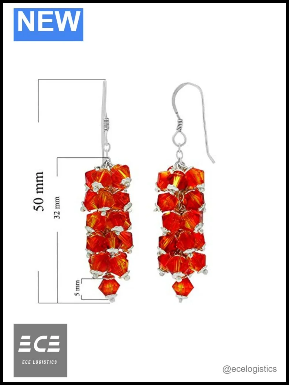 925 Sterling Silver Dangle Earrings Faceted Fire Opal Crystal Drop